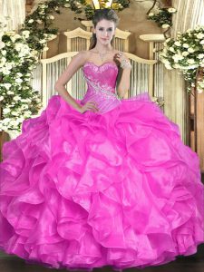 Organza Sweetheart Sleeveless Lace Up Beading and Ruffles Quinceanera Gown in Fuchsia