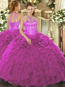Ball Gowns Sweet 16 Dresses Fuchsia Halter Top Organza Sleeveless Floor Length Lace Up