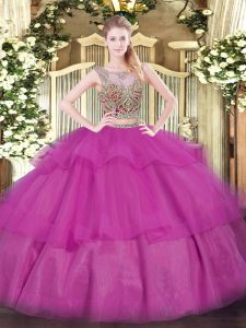 Pretty Fuchsia Sleeveless Floor Length Beading and Ruffled Layers Lace Up Ball Gown Prom Dress