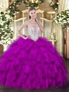 Affordable Fuchsia Zipper 15th Birthday Dress Beading and Ruffles Sleeveless Floor Length