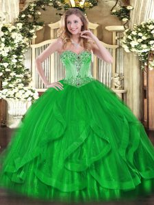 Sweet Floor Length Lace Up Vestidos de Quinceanera Green for Sweet 16 and Quinceanera with Beading and Ruffles