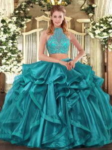 Custom Designed Turquoise Organza Criss Cross Halter Top Sleeveless Asymmetrical 15 Quinceanera Dress Beading and Ruffled Layers