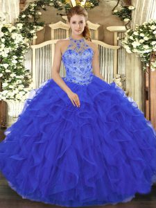 Luxury Royal Blue Sleeveless Floor Length Beading and Embroidery and Ruffles Lace Up 15 Quinceanera Dress