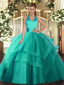 Turquoise Ball Gowns Ruffled Layers Quince Ball Gowns Lace Up Tulle Sleeveless Floor Length