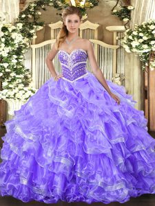 Amazing Lavender Ball Gowns Beading and Ruffled Layers 15th Birthday Dress Lace Up Organza Sleeveless Floor Length