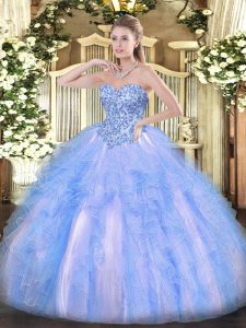 Chic Blue And White Sweet 16 Dress Sweet 16 and Quinceanera with Appliques and Ruffles Sweetheart Sleeveless Lace Up