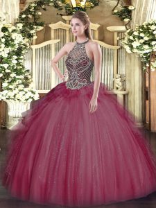 Halter Top Sleeveless Ball Gown Prom Dress Floor Length Beading Burgundy Tulle