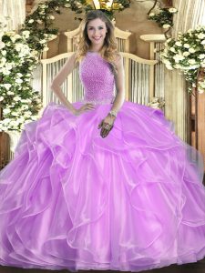 Organza High-neck Sleeveless Lace Up Beading and Ruffles Sweet 16 Dress in Lilac