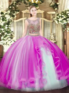 Custom Designed Fuchsia Scoop Lace Up Beading and Ruffles Quinceanera Dresses Sleeveless