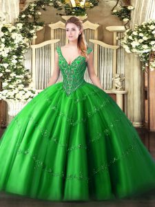 Stunning Tulle V-neck Sleeveless Lace Up Beading and Appliques Sweet 16 Dresses in Green