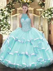 Edgy Halter Top Sleeveless Organza Sweet 16 Quinceanera Dress Beading and Ruffled Layers Lace Up