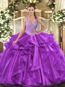 Dynamic Straps Sleeveless Lace Up Quince Ball Gowns Eggplant Purple Organza