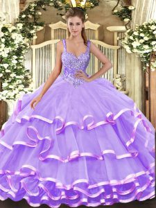 Floor Length Lace Up 15 Quinceanera Dress Lavender for Military Ball and Sweet 16 and Quinceanera with Beading and Ruffled Layers