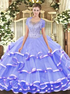 Captivating Lavender Ball Gowns Beading and Ruffled Layers 15 Quinceanera Dress Clasp Handle Lace Sleeveless Floor Length
