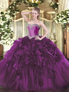 Sleeveless Organza Floor Length Lace Up Quinceanera Dresses in Purple with Beading and Ruffles