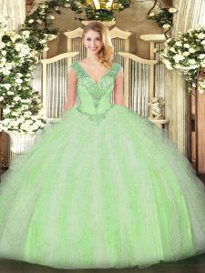 Artistic Yellow Green Ball Gowns Beading and Ruffles Quinceanera Gown Lace Up Organza Sleeveless Floor Length