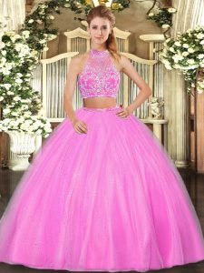 Traditional Hot Pink Ball Gown Prom Dress Military Ball and Sweet 16 and Quinceanera with Beading Halter Top Sleeveless Criss Cross