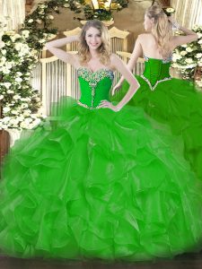 Sleeveless Organza Floor Length Lace Up Vestidos de Quinceanera in Green with Beading and Ruffles