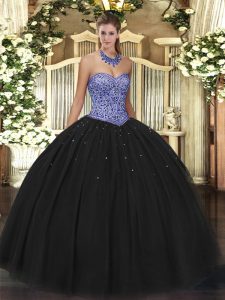 Custom Made Black Lace Up Sweetheart Beading Sweet 16 Quinceanera Dress Tulle Sleeveless