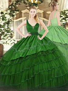 Smart Ball Gowns Sweet 16 Dresses Dark Green Straps Organza and Taffeta Sleeveless Floor Length Zipper