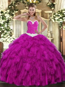 Flare Sleeveless Floor Length Appliques and Ruffles Lace Up Sweet 16 Dresses with Fuchsia