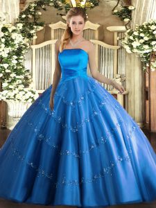 Wonderful Strapless Sleeveless Sweet 16 Dresses Floor Length Appliques Blue Tulle