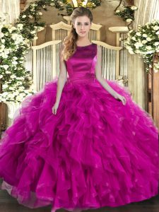 Sophisticated Sleeveless Floor Length Ruffles Lace Up Quinceanera Gown with Fuchsia