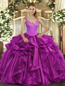Exquisite Straps Sleeveless Organza Quinceanera Dresses Beading and Ruffles Lace Up