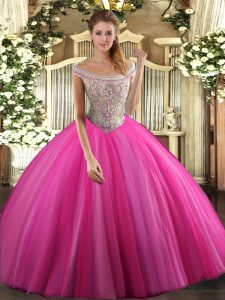 Customized Hot Pink Tulle Lace Up 15 Quinceanera Dress Sleeveless Floor Length Beading