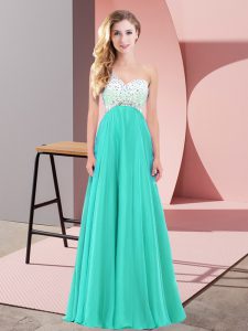 New Style Beading Evening Dress Turquoise Criss Cross Sleeveless Floor Length
