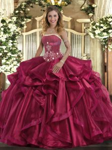 Strapless Sleeveless Lace Up Sweet 16 Quinceanera Dress Red Organza