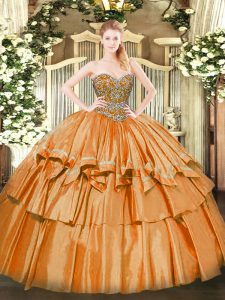 Shining Floor Length Orange Quinceanera Dresses Organza Sleeveless Beading and Ruffled Layers