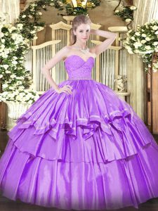 Graceful Lilac Ball Gowns Beading and Lace and Ruffled Layers Sweet 16 Dress Zipper Organza Sleeveless Floor Length