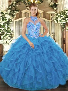 Halter Top Sleeveless Quinceanera Dresses Floor Length Beading and Embroidery and Ruffles Baby Blue Organza