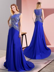 Artistic Royal Blue Sleeveless Sweep Train Beading Floor Length Prom Dress