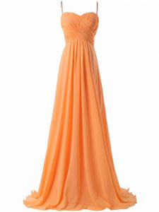 High Class Orange Empire Spaghetti Straps Sleeveless Chiffon Sweep Train Criss Cross Ruching Prom Evening Gown