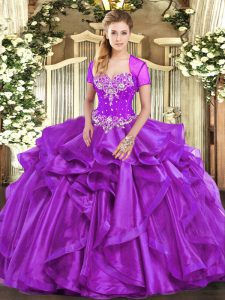 Pretty Sweetheart Sleeveless Quinceanera Gowns Floor Length Beading and Ruffles Purple Organza