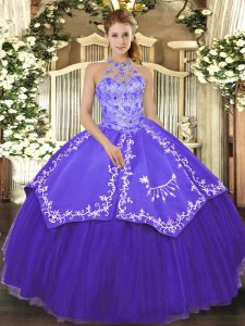 Purple Halter Top Neckline Beading and Embroidery Quinceanera Gowns Sleeveless Lace Up