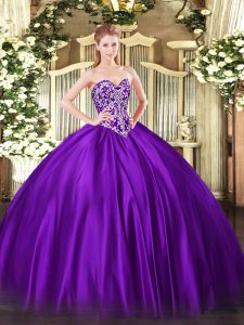 Designer Purple Ball Gowns Sweetheart Sleeveless Satin Floor Length Lace Up Beading Sweet 16 Dress