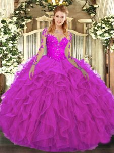 Ball Gowns Quinceanera Dresses Fuchsia Scoop Tulle Long Sleeves Floor Length Lace Up