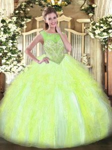 Enchanting Yellow Green Vestidos de Quinceanera Sweet 16 and Quinceanera with Beading and Ruffles Scoop Sleeveless Lace Up