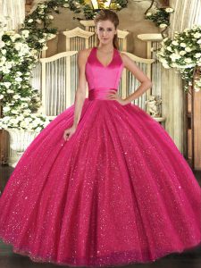 Floor Length Hot Pink Quince Ball Gowns Tulle Sleeveless Sequins