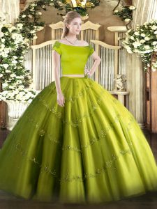 Nice Off The Shoulder Short Sleeves 15th Birthday Dress Floor Length Appliques Olive Green Tulle