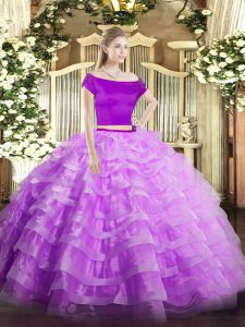 Graceful Lilac Two Pieces Off The Shoulder Short Sleeves Tulle Floor Length Zipper Appliques and Ruffled Layers Vestidos de Quinceanera