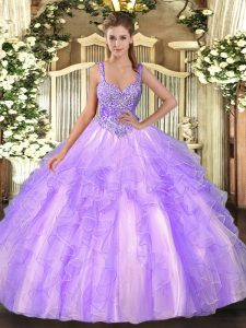 Luxury Lavender Lace Up Quince Ball Gowns Beading and Ruffles Sleeveless Floor Length