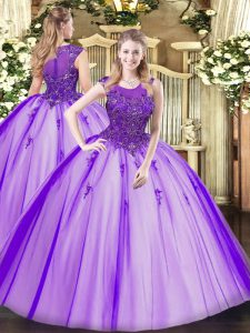 Elegant Scoop Sleeveless Quinceanera Gowns Floor Length Beading Purple Tulle