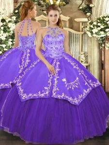 Lovely Purple Ball Gowns Beading and Embroidery 15th Birthday Dress Lace Up Satin and Tulle Sleeveless Floor Length