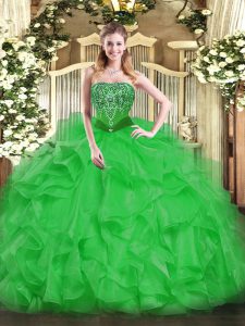 Green Sleeveless Floor Length Beading and Ruffles Lace Up 15 Quinceanera Dress