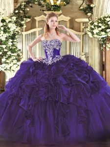 Charming Purple Quinceanera Dress Military Ball and Sweet 16 and Quinceanera with Beading and Ruffles Strapless Sleeveless Lace Up