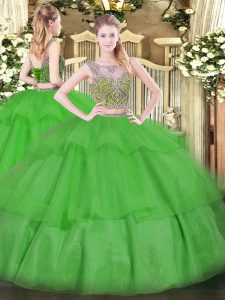 Scoop Sleeveless Tulle Sweet 16 Dresses Beading and Ruffled Layers Lace Up